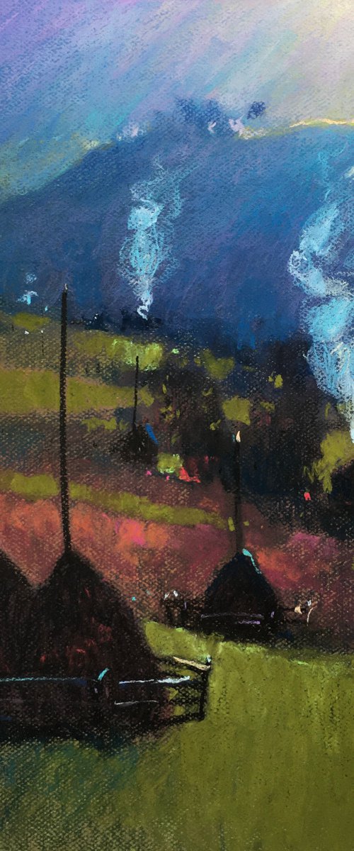 Ukrainian landscape Haystacks in Carpathian Mountains Soft pastel 19.6x19.6 inch (50x50 cm) by Andrii Kovalyk