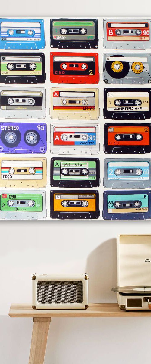 My mix (cassette tapes, retro music, 70's, 80's rock culture, large canvas artwork) by Carolynne Coulson