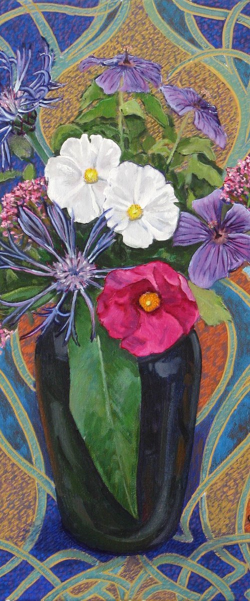 Mixed Flowers in a Green Vase by Richard Gibson