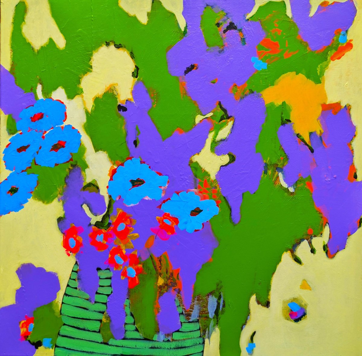 Abstract Acrylic Painting By Veta Barker, 20 X 20", Bouquet In A Green Striped Vase., Original Artwork