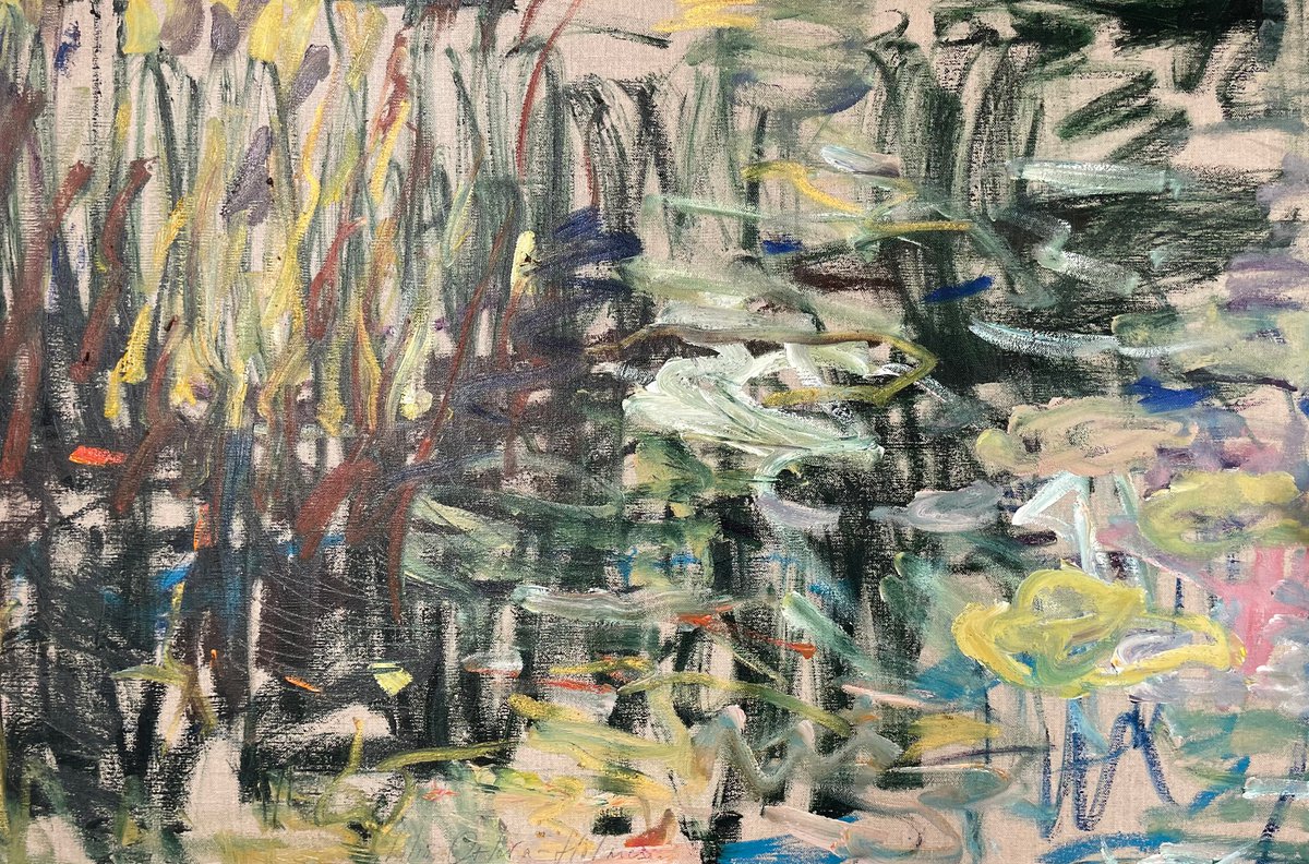 Expressive Abstract Oil Painting By Lilia Orlova-Holmes, 30 X 20", By The Pond. Reflections., Original Artwork