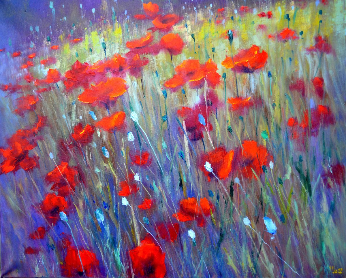 Impressionistic Botanical Oil Painting By Elena Lukina, 28 X 24, Field Poppies, Original Artwork