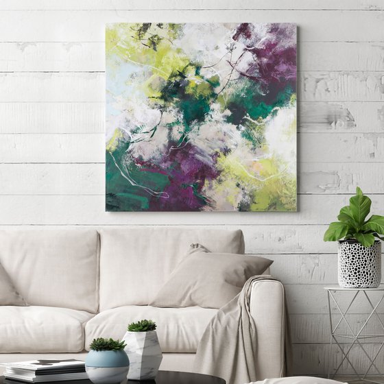 "Galaxy" Abstract green purple white art