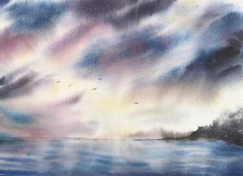 Seascape, thunder sky, clouds, sea, landscape watercolor painting by Olga Grigo