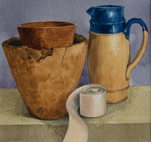 Jug, Flowerpots and Ribbon by Sue Cook