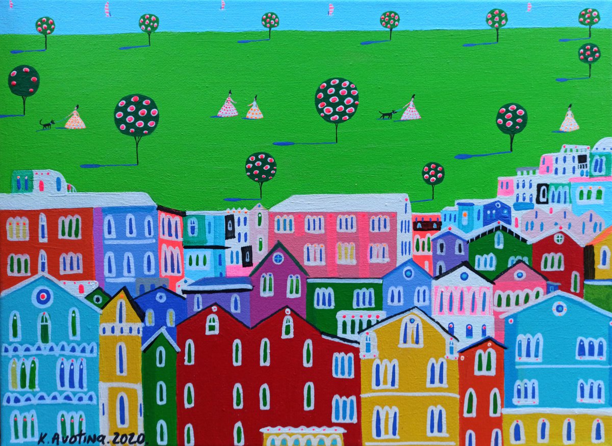 Impressionistic Landscape Acrylic Painting By Katrina Avotina, 16 X 12", Amazing Day Out, Original Artwork