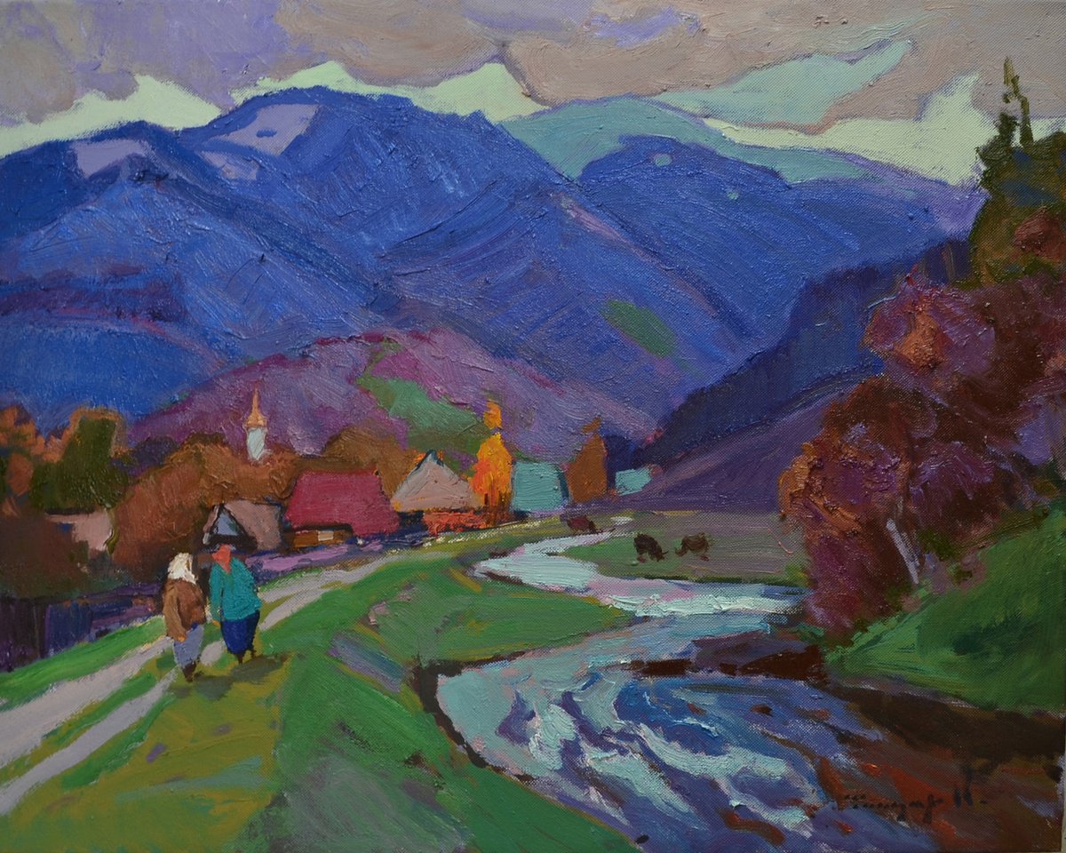 Impressionistic Landscape Oil Painting By Alexander Shandor, 28 X 24, Village Edge, Original Artwork