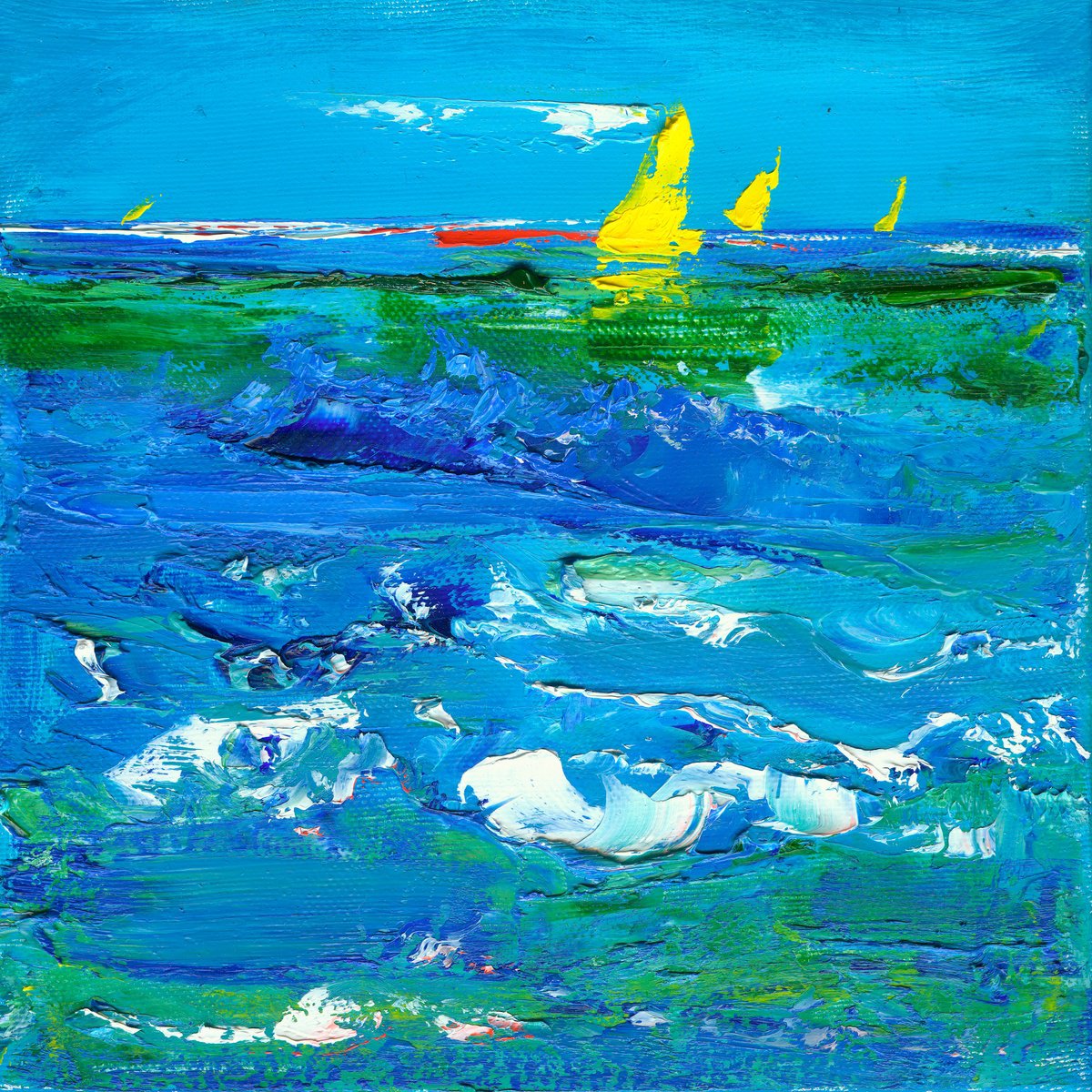 Yellow sailboats on the sea by Anna Miklashevich