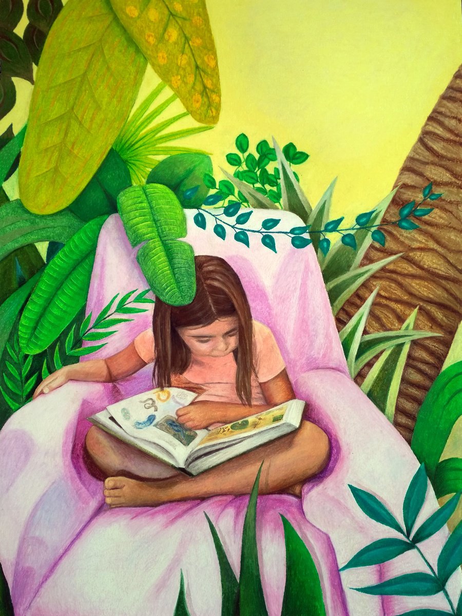Botanical Pastel Drawing By Andromachi Giannopoulou, 28 X 39, Reading In The Jungle, Original Artwork