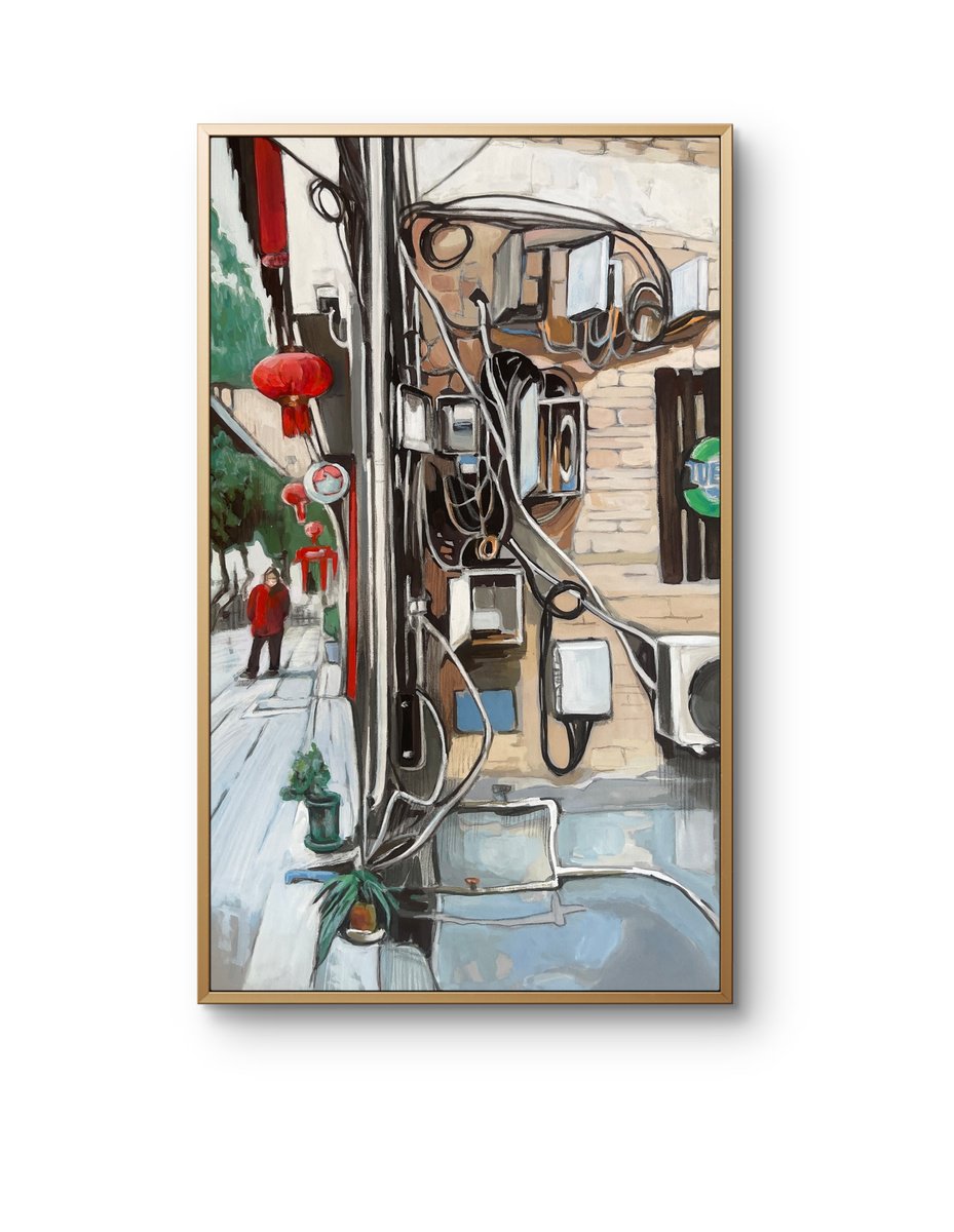 Photorealistic Cityscapes Painting By Guzel Min, 11 X 19, Asian Street. Wires. Lanterns., Original Artwork