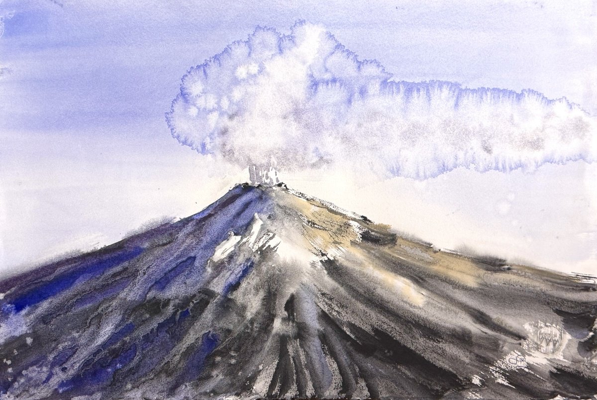 Expressive Landscape Watercolour By Yuliia Sharapova, 22 X 15", Sicilian Volcano Always Smokes, Original Artwork