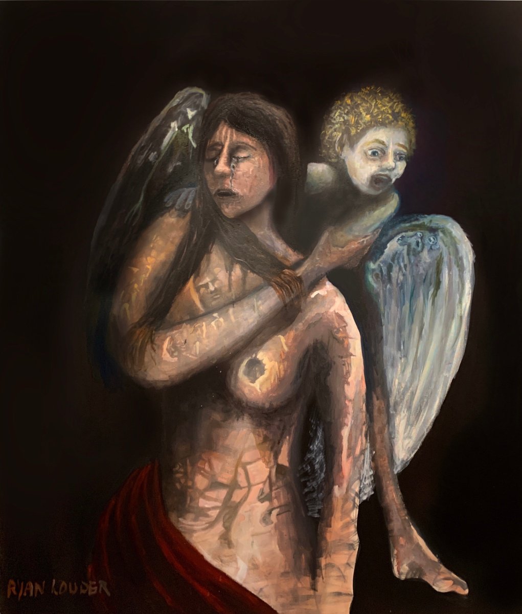 Expressive Portrait Painting By Ryan Louder, 45 X 60", Some Angels Need To Fall, Original Artwork