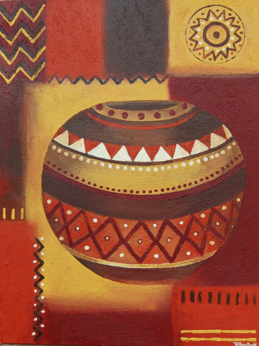 Naive Still Life Acrylic Painting By Tiffany Budd, 15 X 20", African Vase 1, Original Artwork