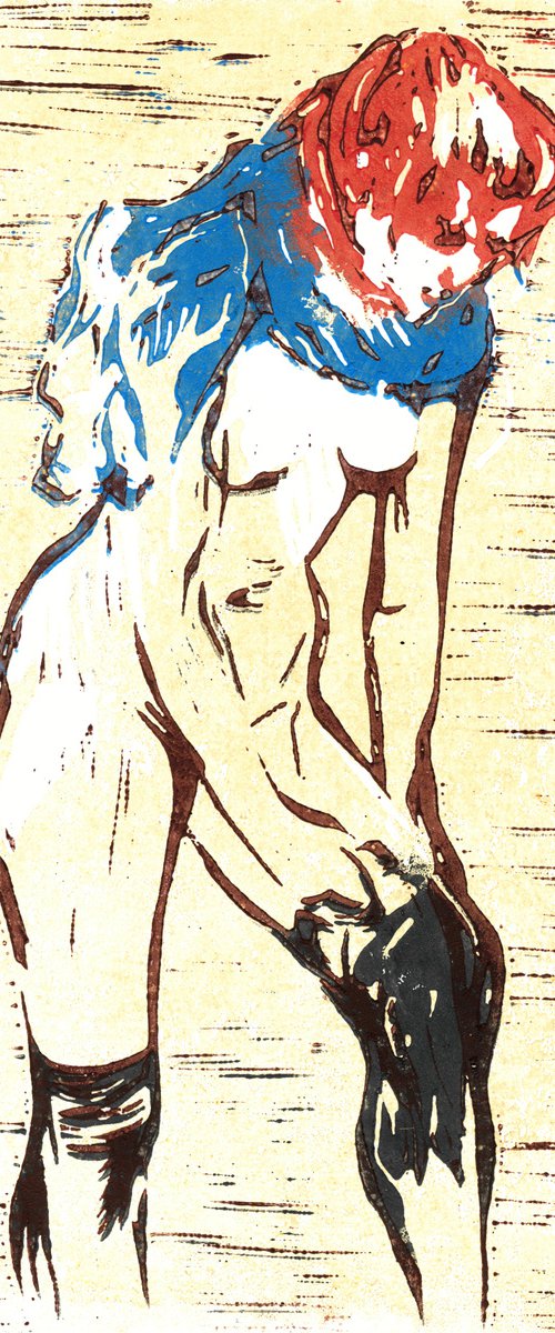 Woman putting on her stockings - Linoprint inspired by Toulouse Lautrec by Reimaennchen - Christian Reimann