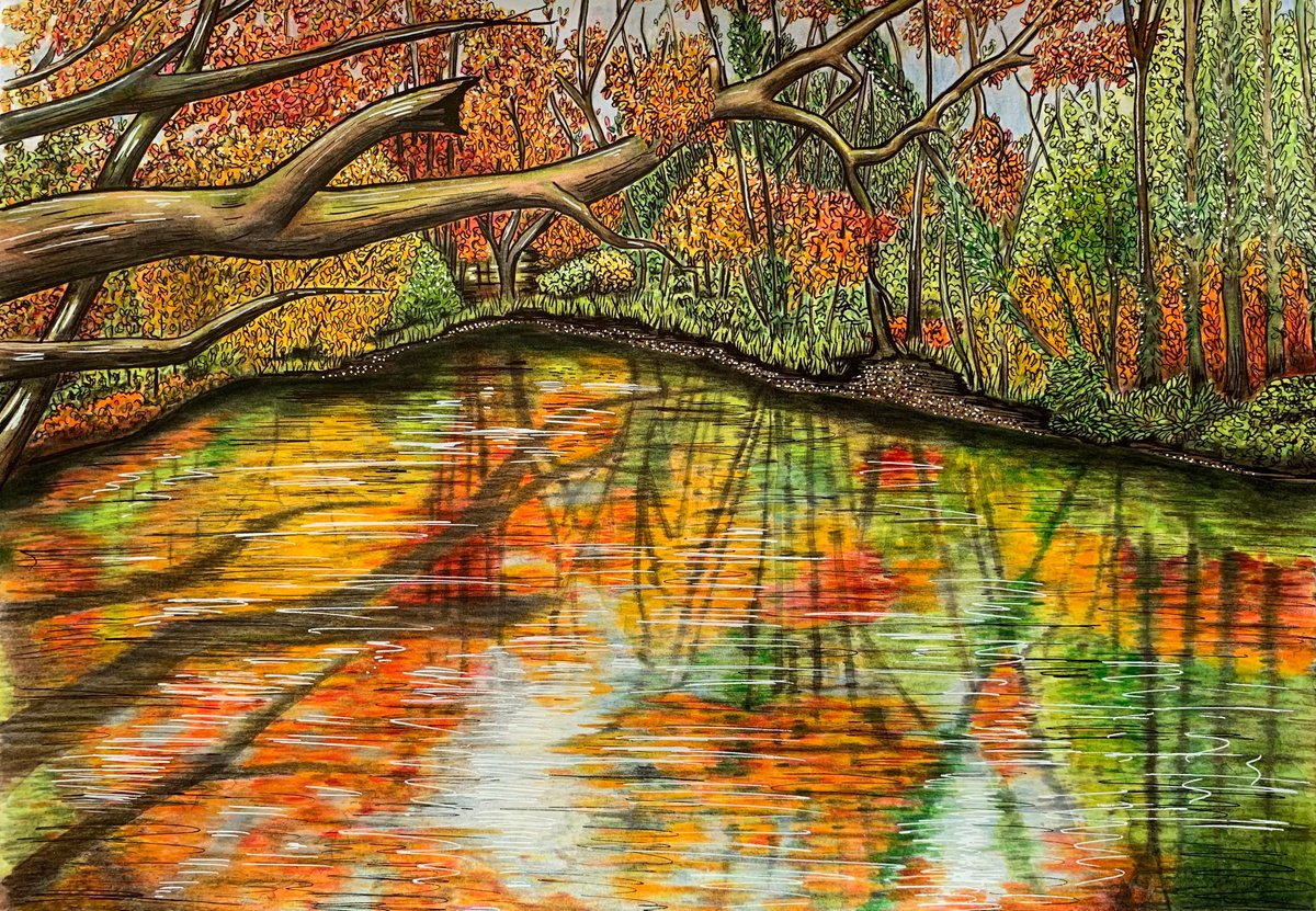 Illustrative Painting , The Brickworks Pond In Autumn By Karen Elaine Evans, 17 X 12, Artwork For Sale On Artfinder