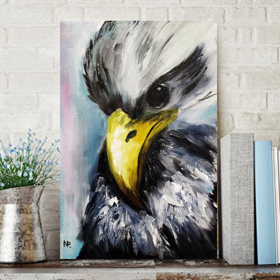 Young eagle, original bird small oil painting, gift idea, art for home