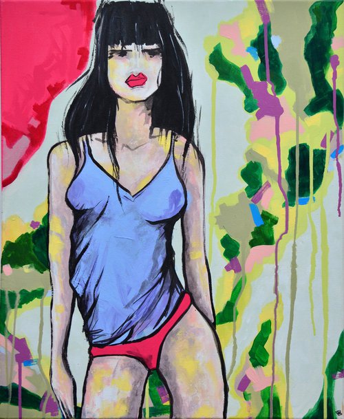 Green Loving Hot Peppers Girl - Original Modern Painting Art on Canvas Ready To Hang by Jakub DK - JAKUB D KRZEWNIAK