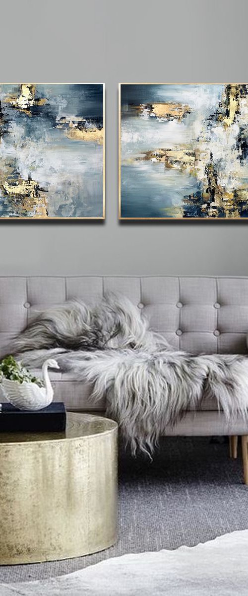 Distractions - 72" x 24" Abstract Painting, Set of Two Paintings, Multi Panel Abstract, ORIGINAL Painting, Gold Leaf Painting, Black and Gold, Large Art by Lana Guise