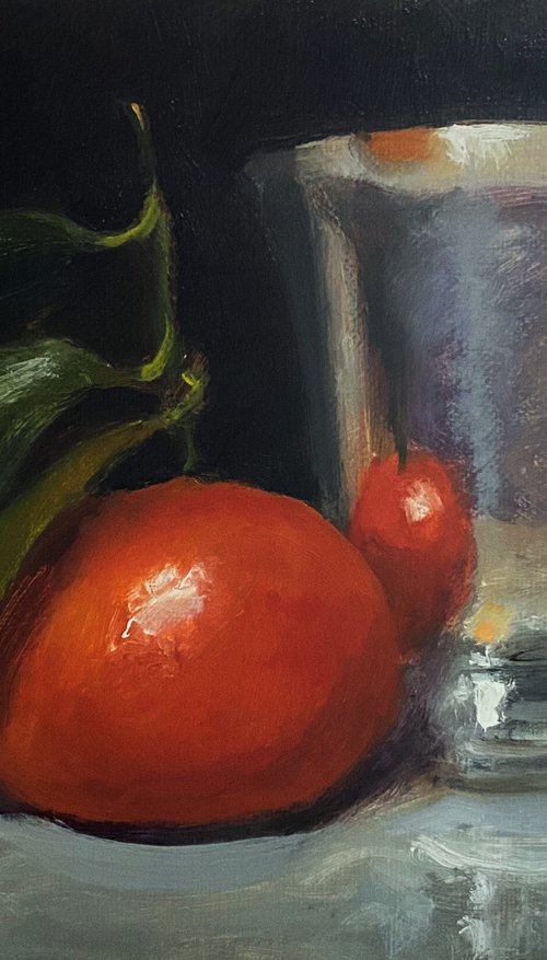 Orange and Silver Cup Original Oil Still Life Painting. by Jackie Smith