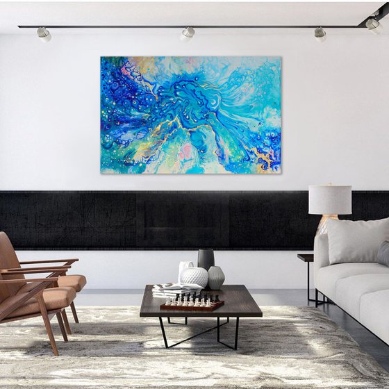 "Secret traces"  large acrylic painting, contemporary art, home decor office art, royal blue, gold, turquoise