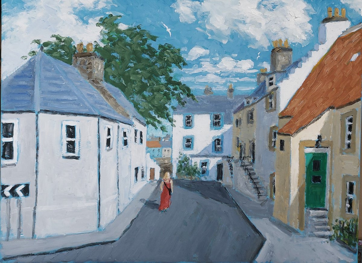 Cityscapes Oil Painting By Colin Ross Jack, 24 X 18, Walk To Esplanade, Anstruther, Original Artwork