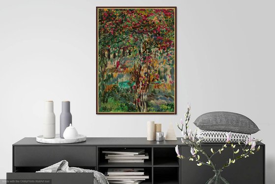 FLOWERING BUSH - Landscape art, blooming tree plant, original oil painting, summer, pomegranate, bloom, home interior decor