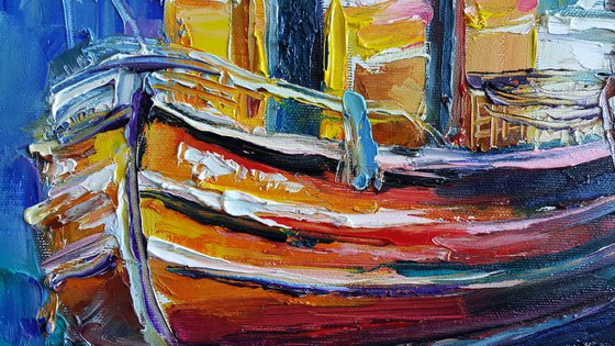 Painting Fishing boats, Nautical Painting, boat yacht bay