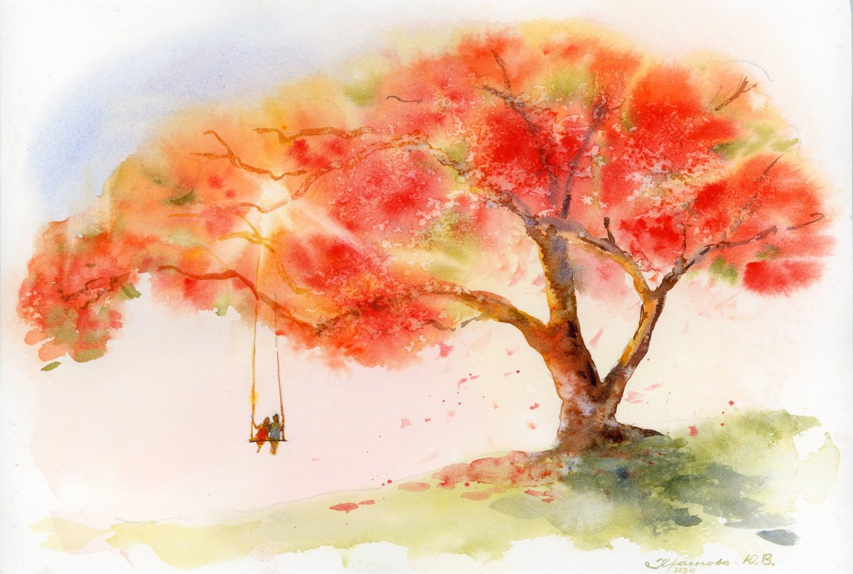 Landscape Watercolour By Yulia Krasnov, 12 X 9", Tree Of Love, Original Artwork