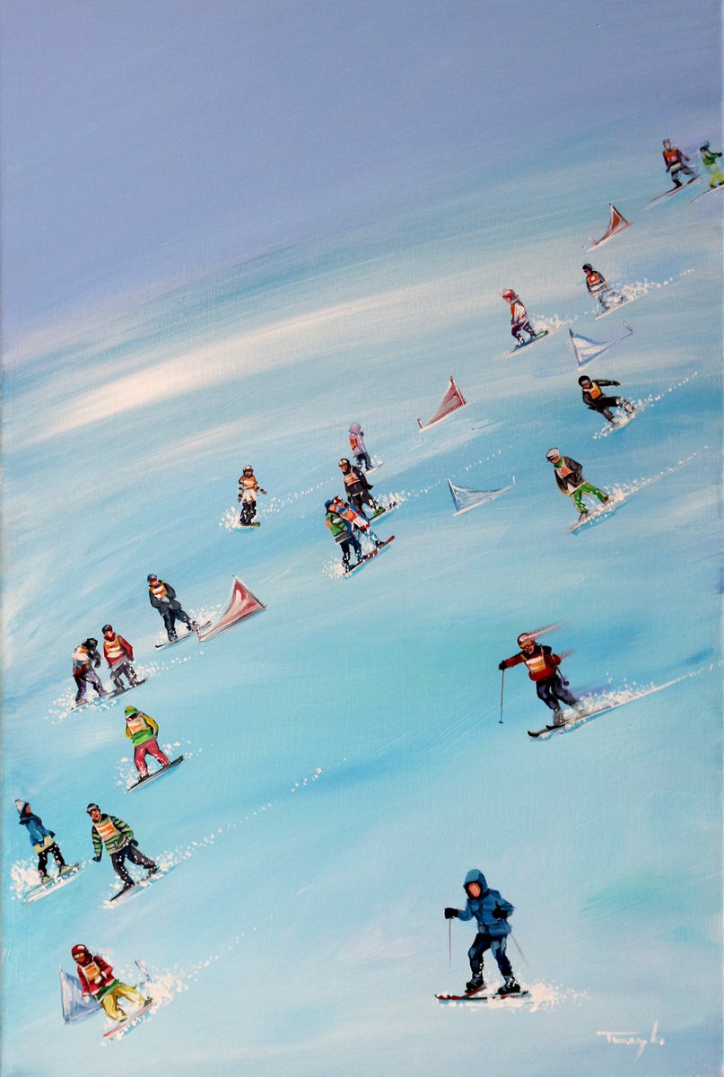 Impressionistic Landscape Acrylic Painting By Trayko Popov, 16 X 24", Snowboard. Ski Slope, Original Artwork