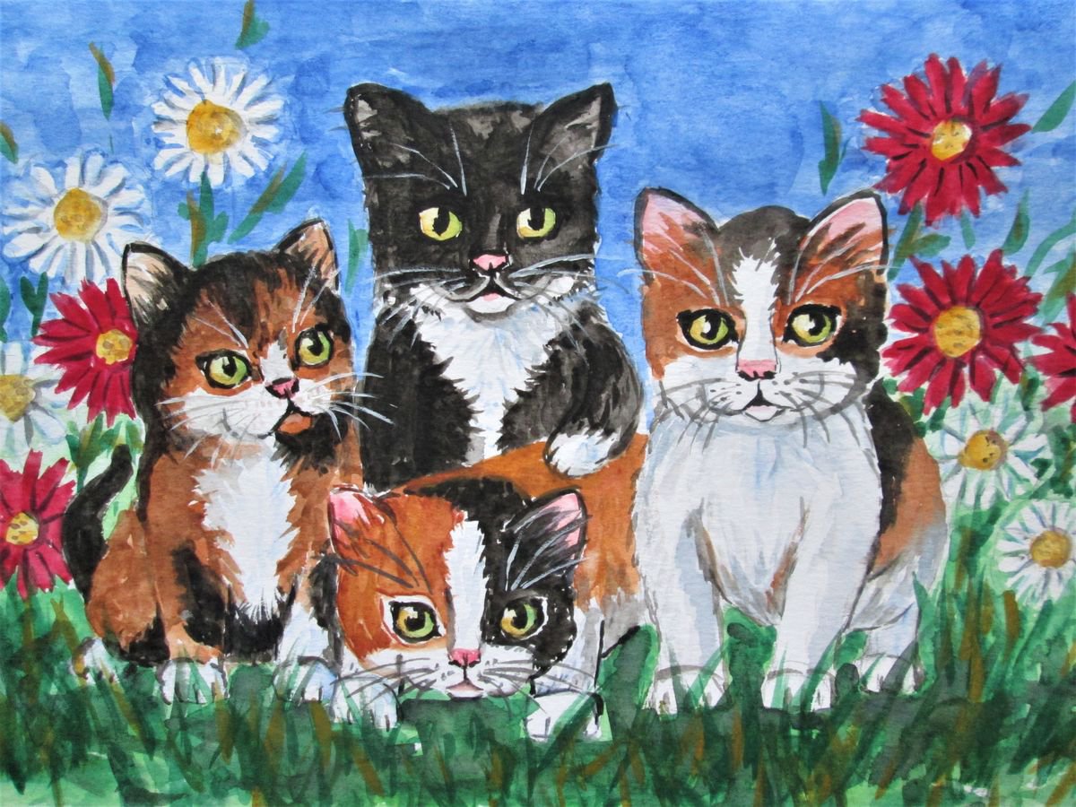 Expressive Animal Watercolour By Marjansart, 12 X 8", Kittens And Flowers, Original Artwork