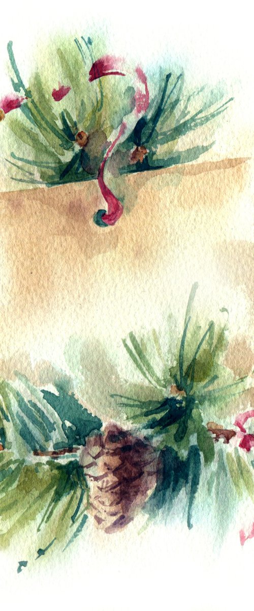 "New year card with sprigs of spruce" original watercolor artwork small format by Ksenia Selianko