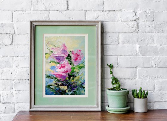 Pink Roses Painting Floral Original Art Small Oil Artwork Flower Wall Art