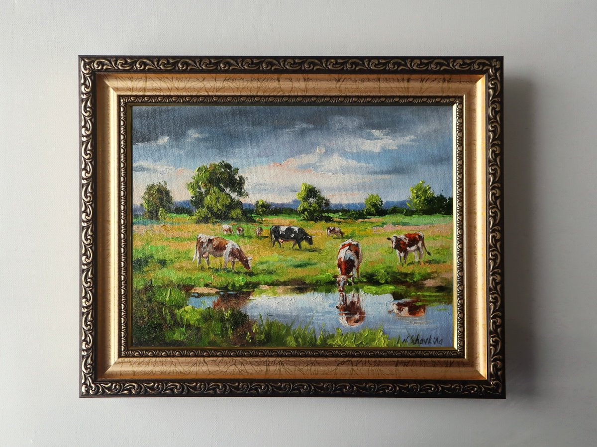 Photorealistic Animal Oil Painting By Natalia Shaykina, 11 X 9", Cows By The Riverside, Original Artwork