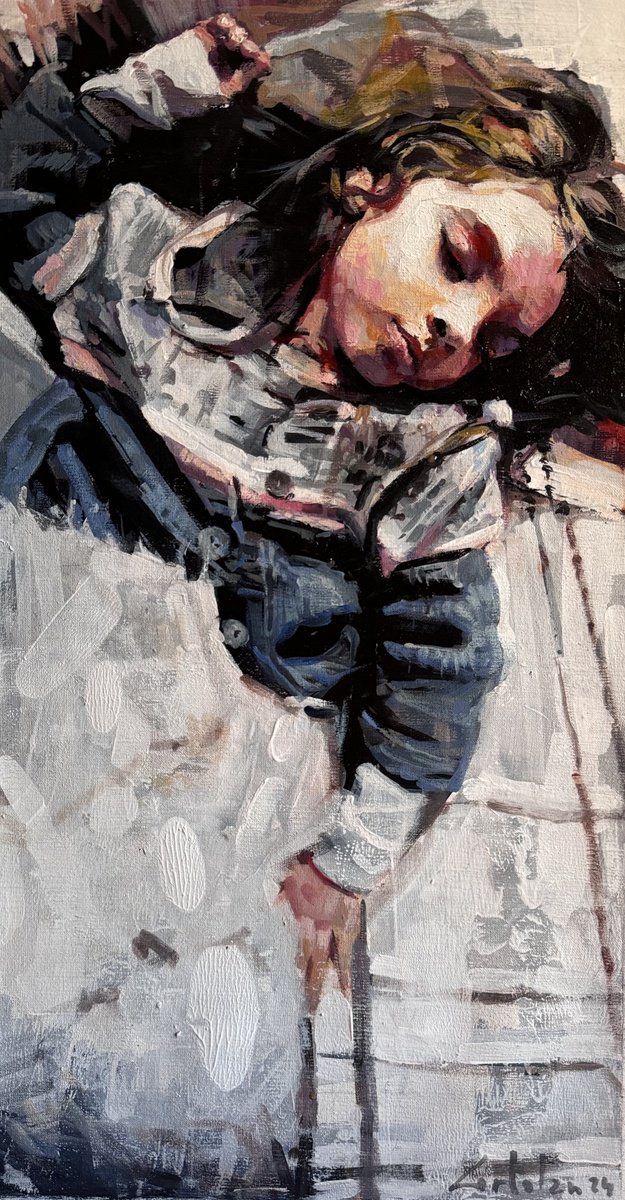 Impressionistic Portrait Oil Painting By Marco Ortolan, 11 X 21", The Dreamer, Original Artwork
