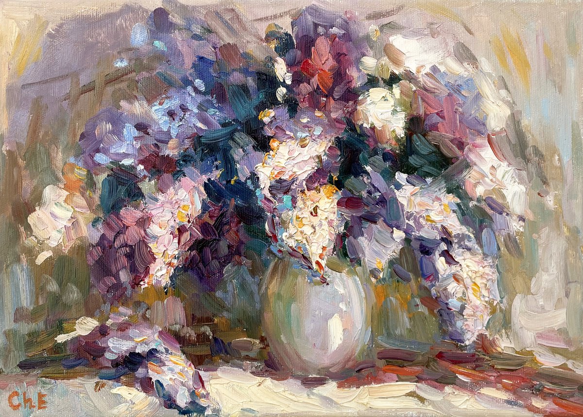Impressionistic Still Life Oil Painting By Evgeny Chernyakovsky, 14 X 10, Still Life With Lilacs, Original Artwork