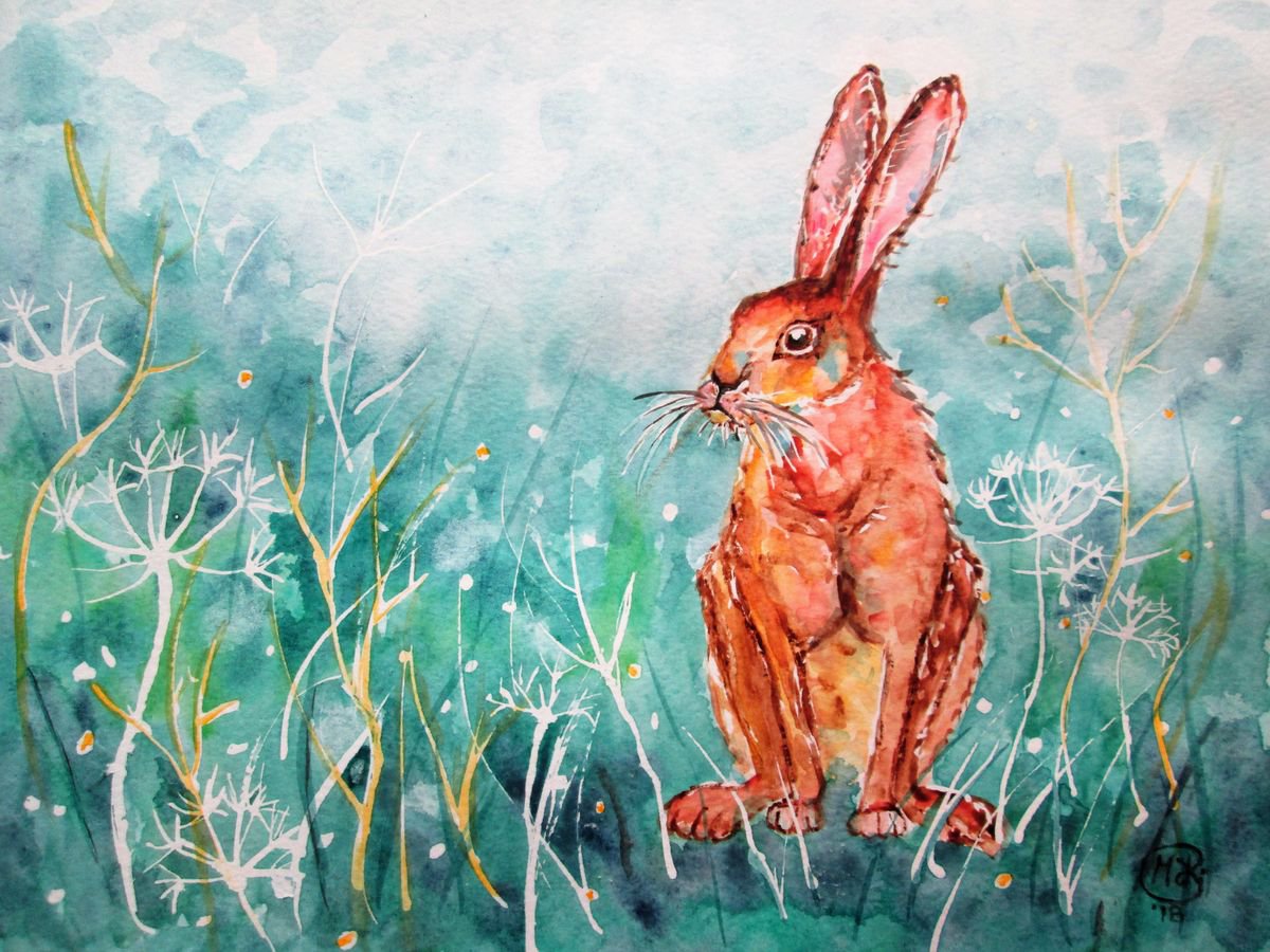 Impressionistic Animal Watercolour By Marjansart, 12 X 9", Hare In Turquoise, Original Artwork