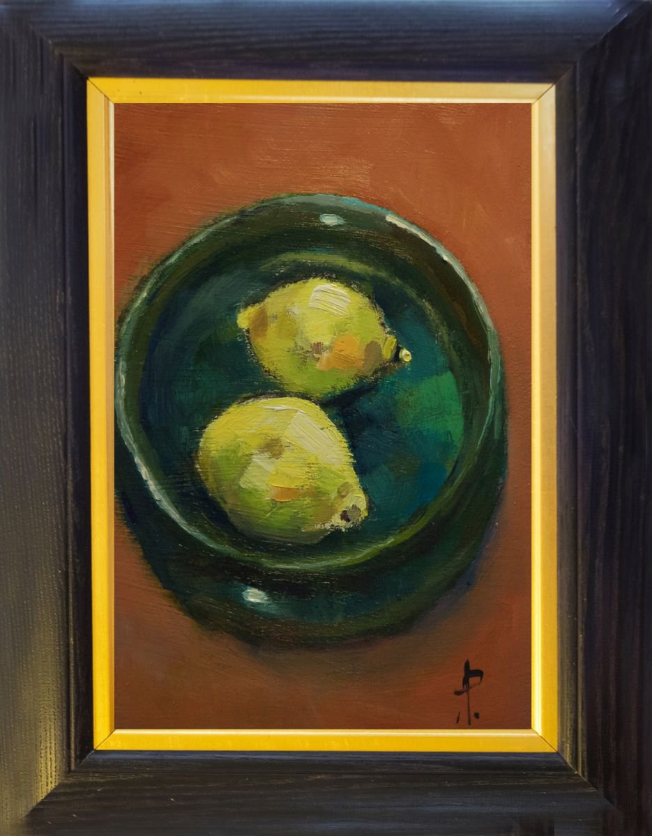 Two Lemons in Green Bowl by Andre Pallat
