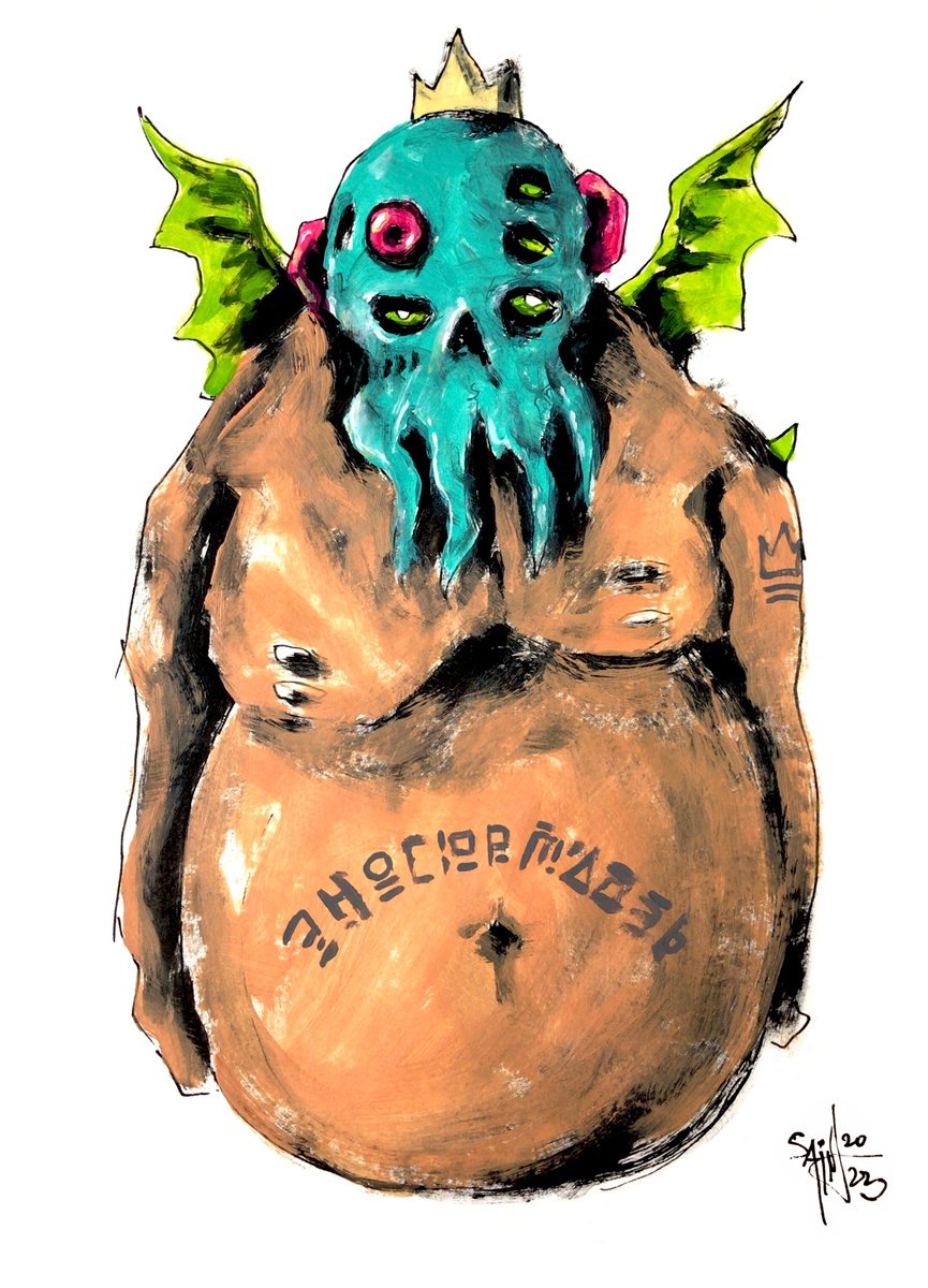 #124 Cthulhu Monster portrait painting original art, Horror Naive Outsider Folk Art Brut S... by Ruslan Aksenov