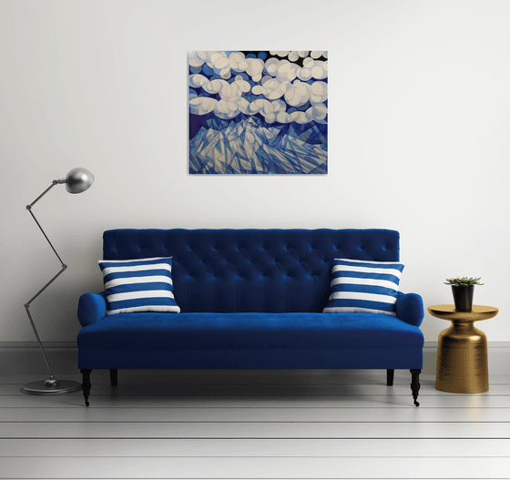 Winter evening (90x80cm, cubism, oil painting, ready to hang)