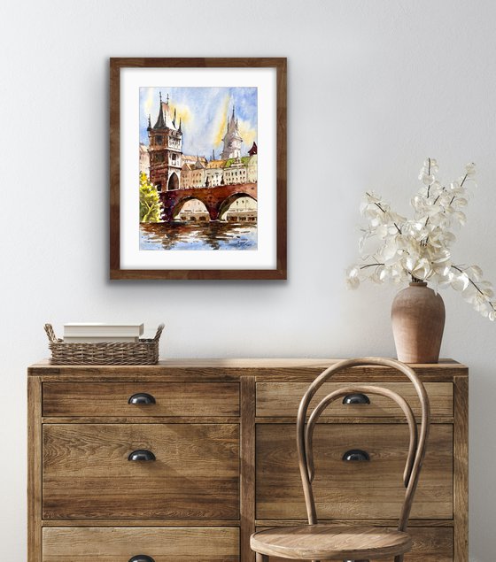 Charles Bridge - Prague Cityscape with Watercolour