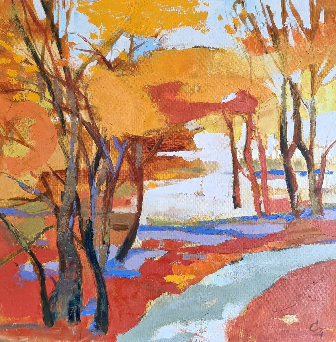 Impressionistic Landscape Oil Painting By Victoria Cozmolici, 20 X 20", Autumn, Original Artwork
