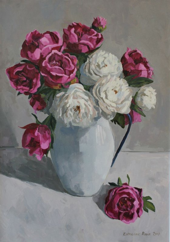 Peonies in enamel jug