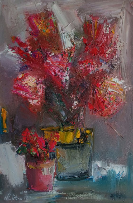 Red flowers in vase (50x33cm, oil painting, palette knife)