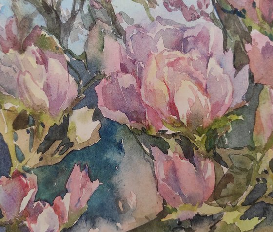 Magnolia - original watercolor, bright color painting