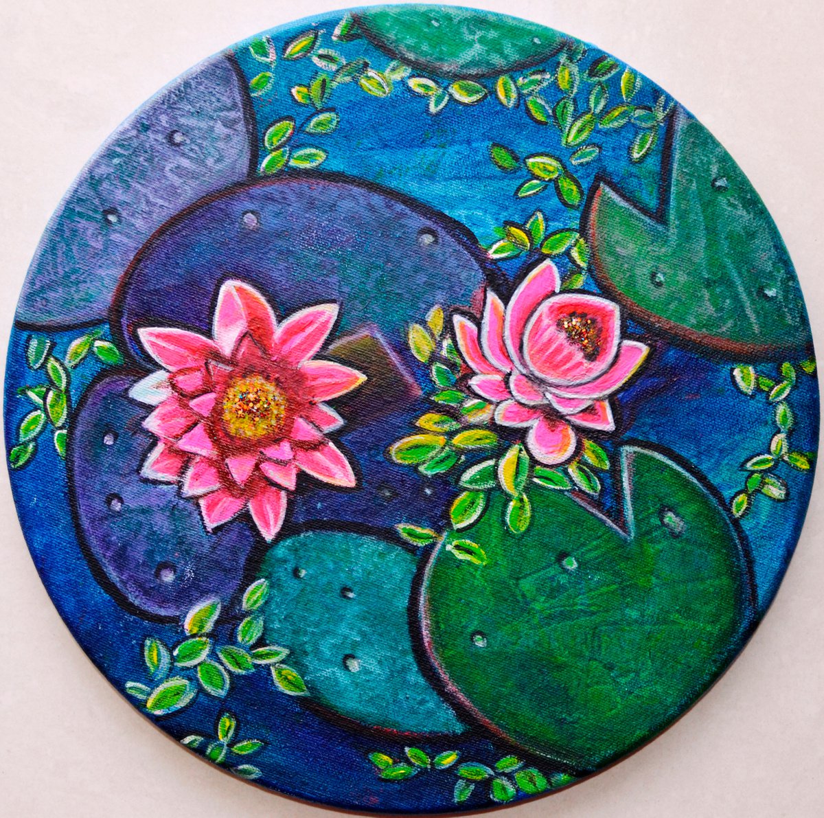 Waterlily pond floral textured painting on round canvas by Manjiri Kanvinde