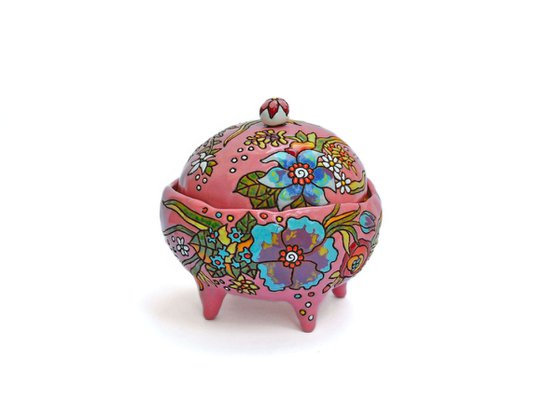 Ceramic | Pink faberge jewelry box | In rich flower carvings