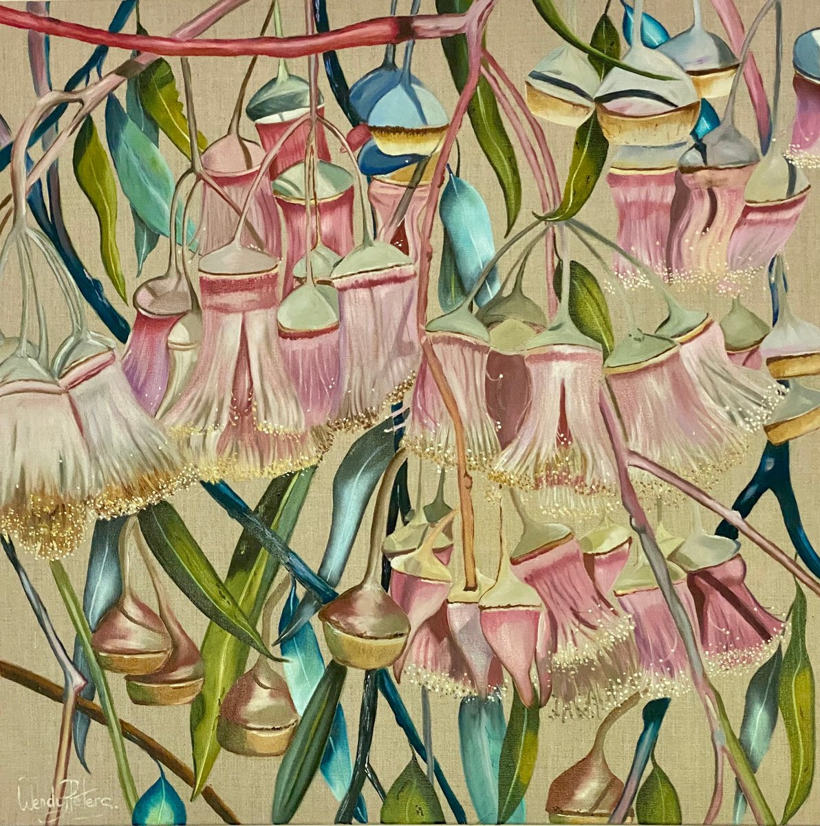 Organic Botanical Oil Painting By Wendy Peters, 30 X 30", Gum Nut Fantasy, Original Artwork