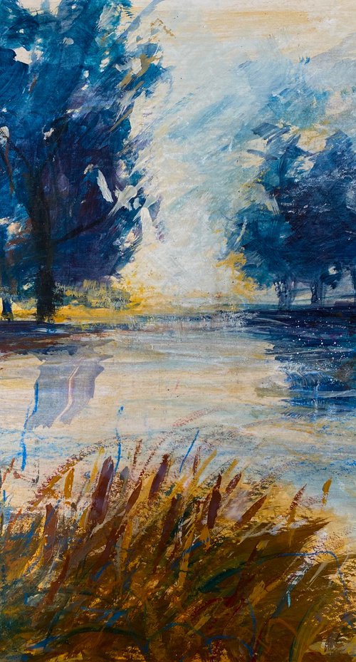Blue trees, misty river by Teresa Tanner
