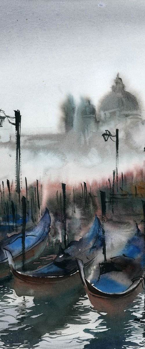 Venice and fog cityscape watercolor painting by Sophie Rodionov