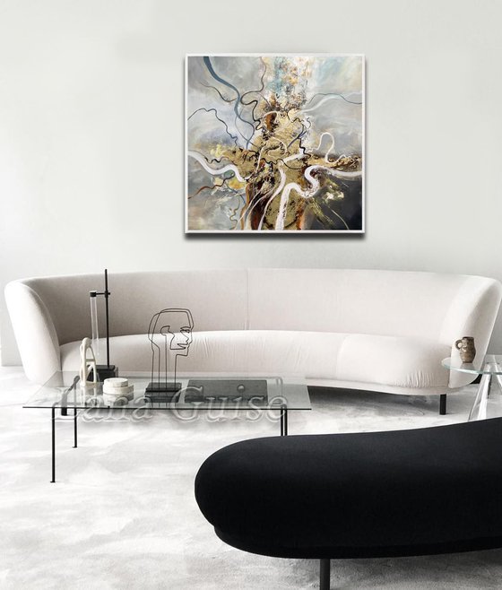 36" Abstract Painting, Gold Leaf Large Painting, Wall Art, Abstract Art, Contemporary Art, Living Room Minimalist Painting